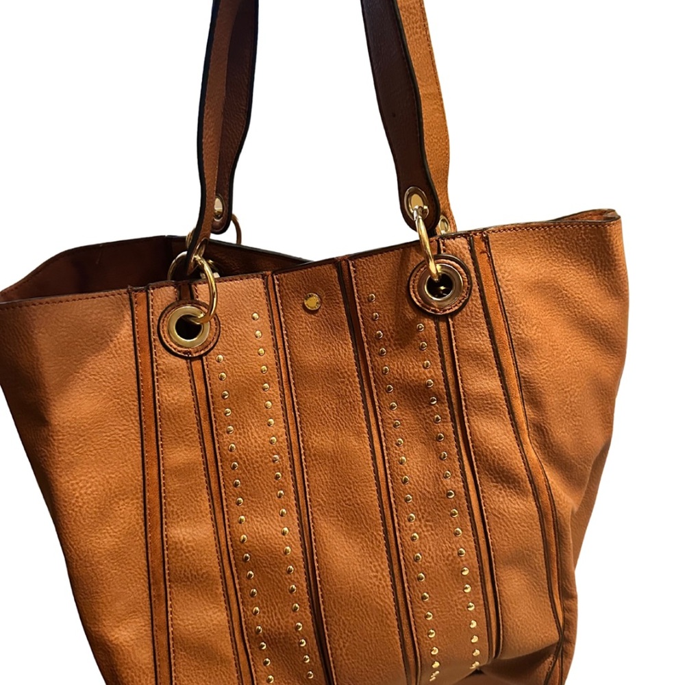 Steve Madden Classic Tan Leather Tote with Stitched Panels